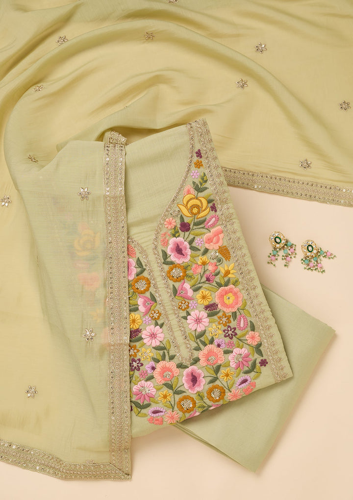 Pista Green Threadwork Cotton Unstitched Salwar Suit