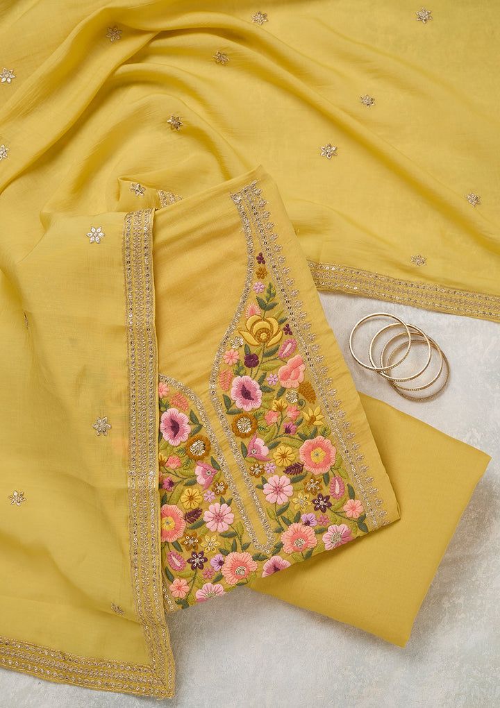 Yellow Threadwork Cotton Unstitched Salwar Suit