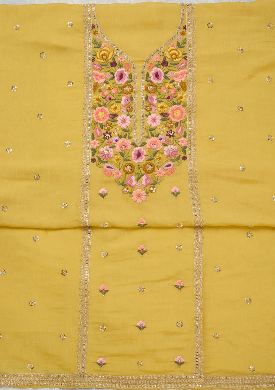 Yellow Threadwork Cotton Unstitched Salwar Suit