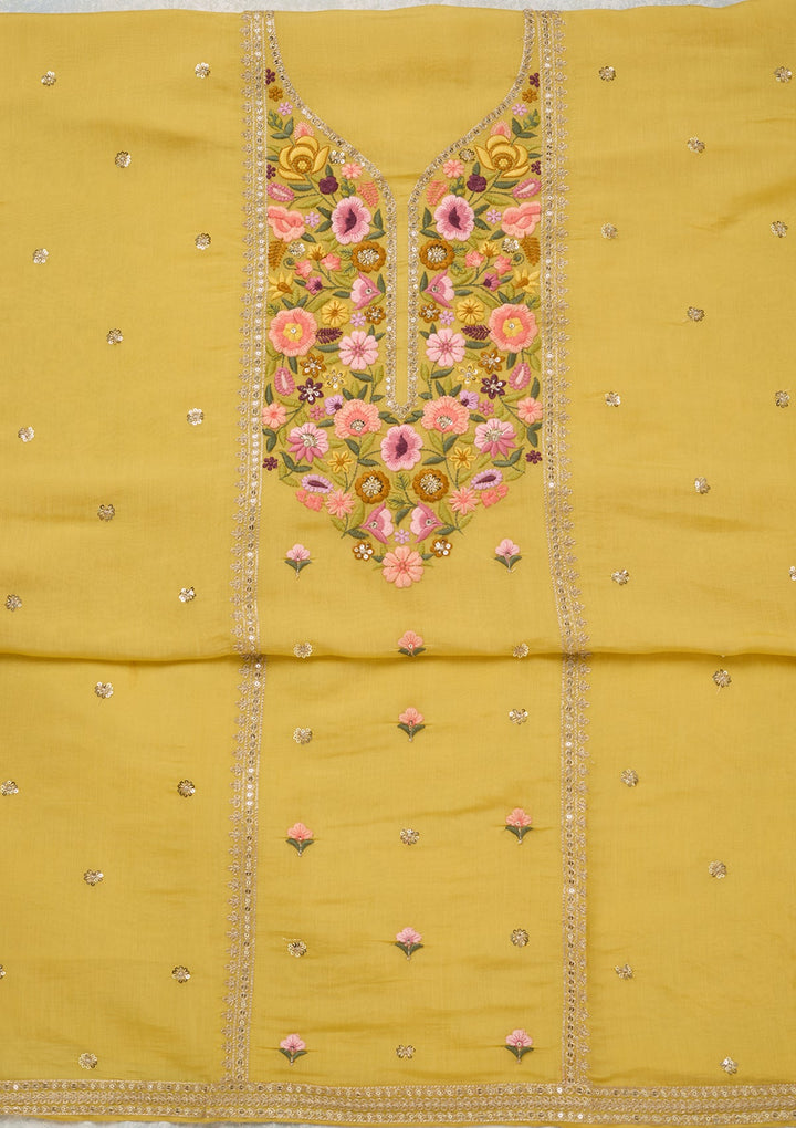 Yellow Threadwork Cotton Unstitched Salwar Suit