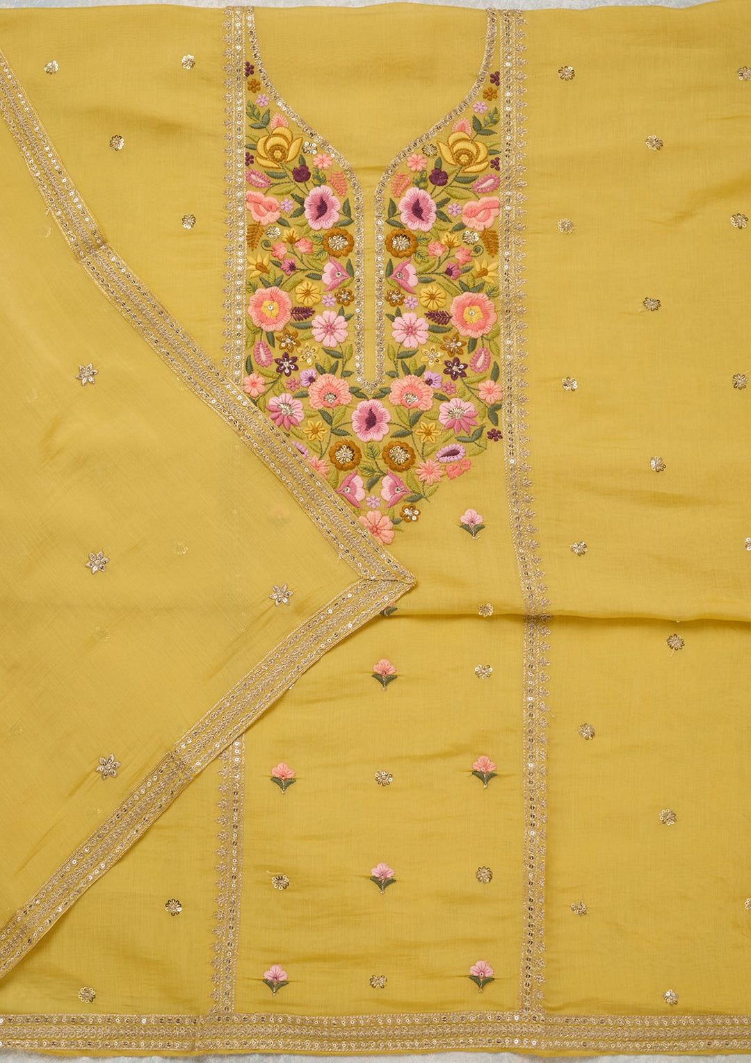 Yellow Threadwork Cotton Unstitched Salwar Suit