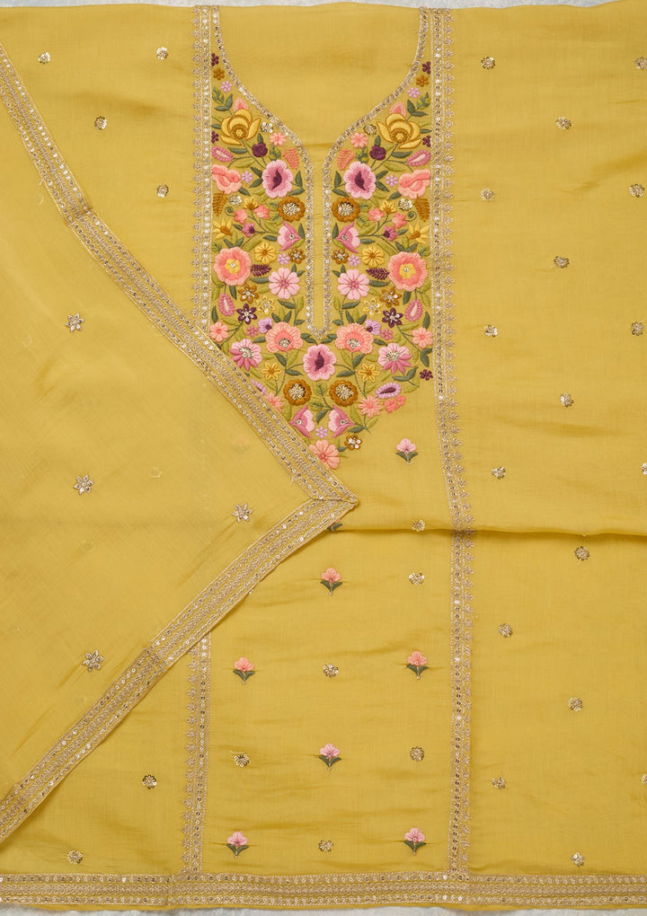 Yellow Threadwork Cotton Unstitched Salwar Suit