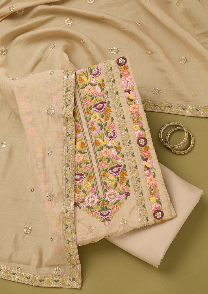 Beige Cotton Threadwork Unstitched Dress Material With Matching Bottom And Dupatta