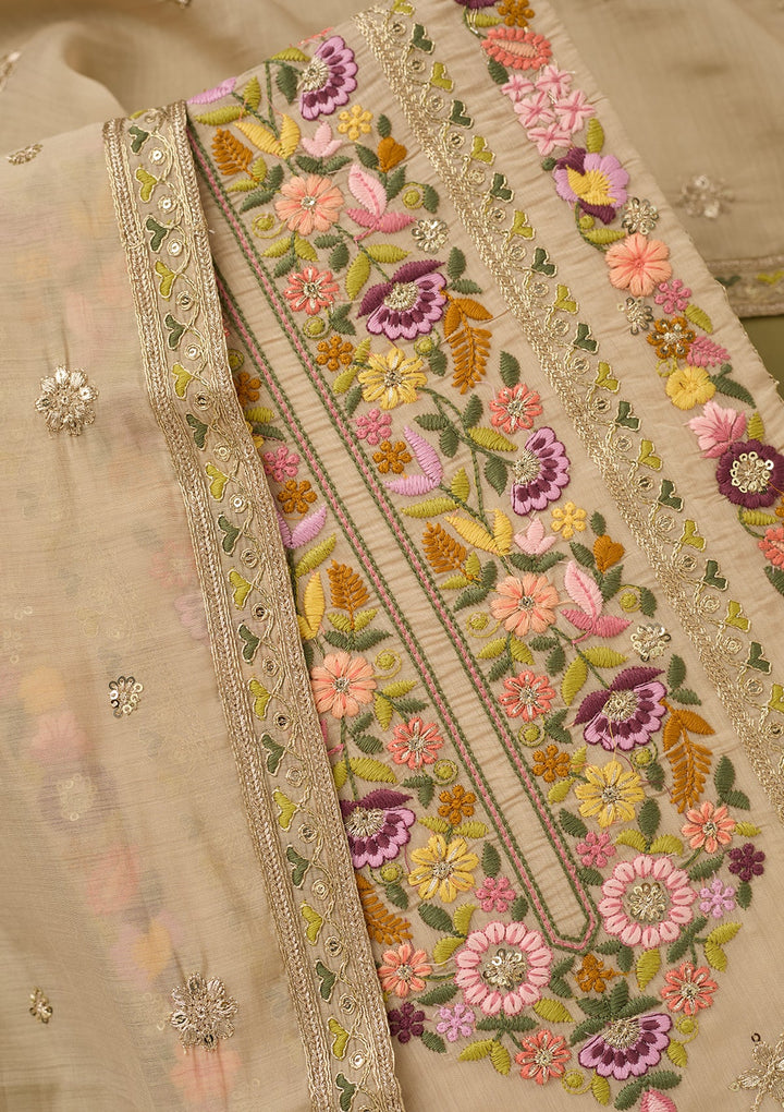 Beige Cotton Threadwork Unstitched Dress Material With Matching Bottom And Dupatta
