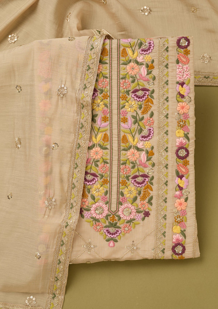 Beige Cotton Threadwork Unstitched Dress Material With Matching Bottom And Dupatta