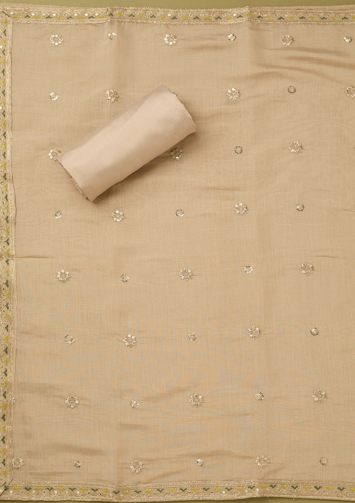 Beige Cotton Threadwork Unstitched Dress Material With Matching Bottom And Dupatta