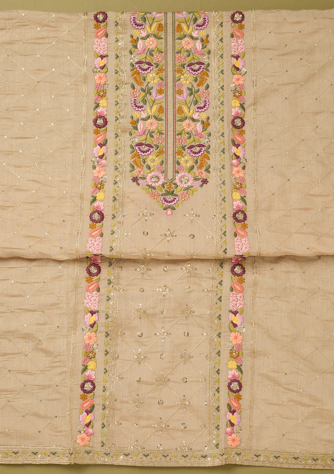 Beige Cotton Threadwork Unstitched Dress Material With Matching Bottom And Dupatta
