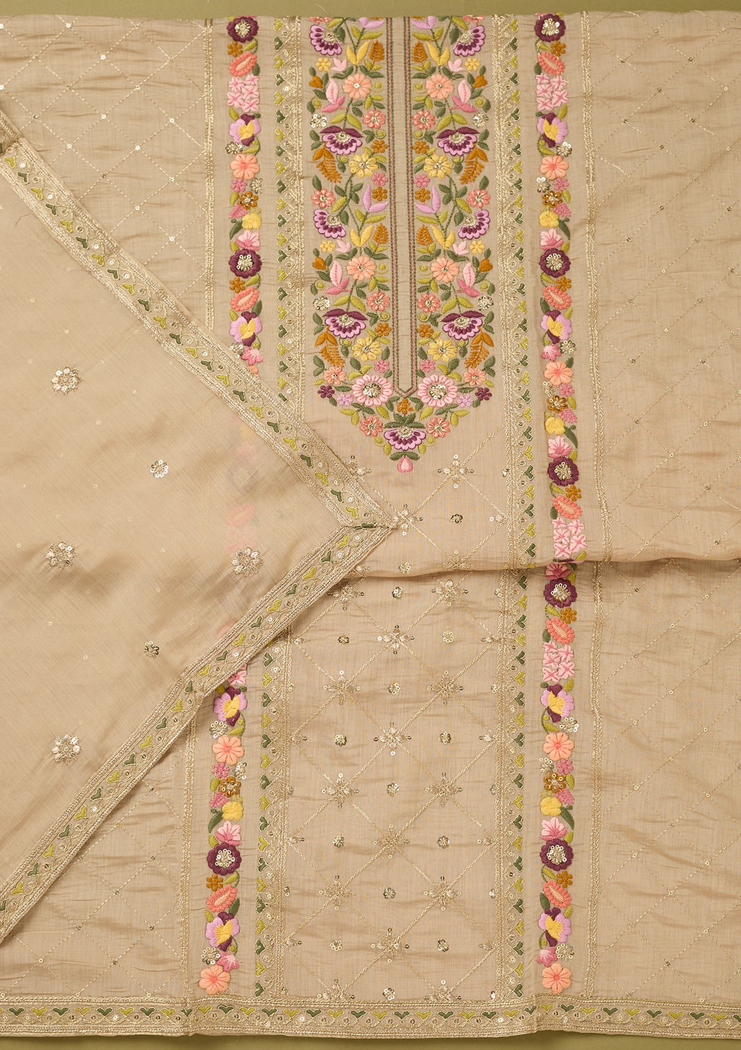 Beige Cotton Threadwork Unstitched Dress Material With Matching Bottom And Dupatta