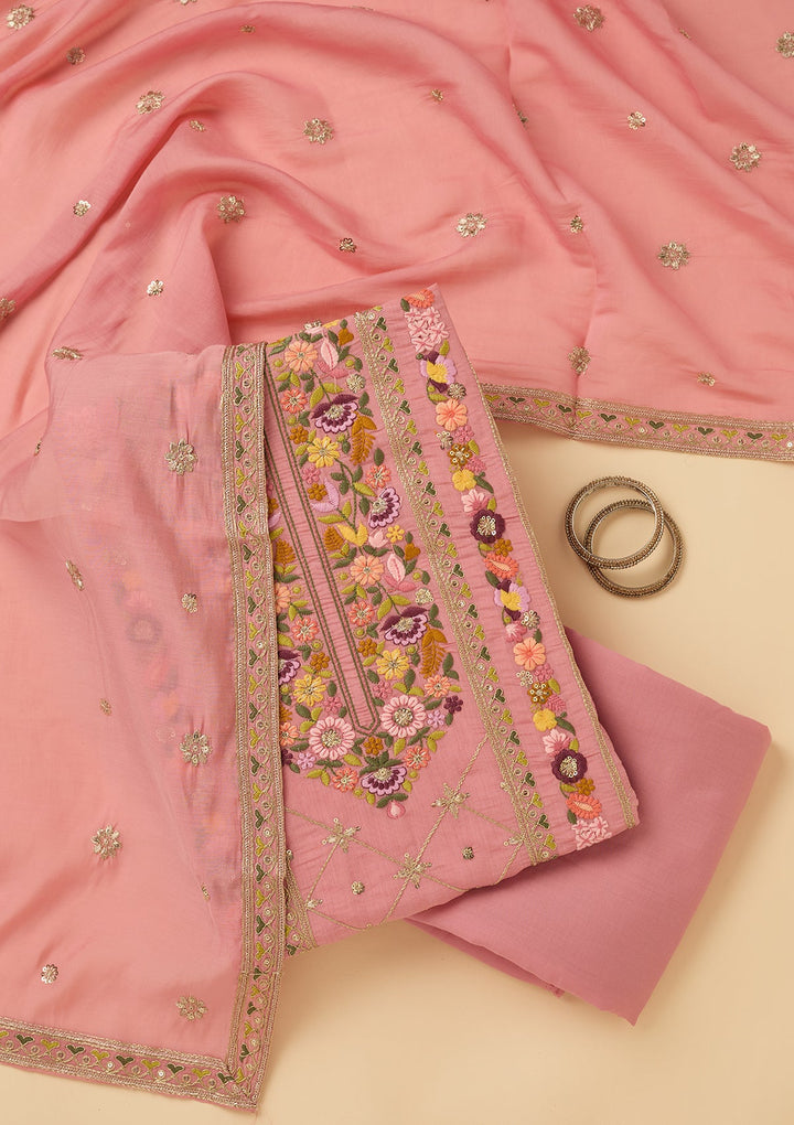 Pink Cotton Threadwork Unstitched Dress Material With Matching Bottom And Dupatta