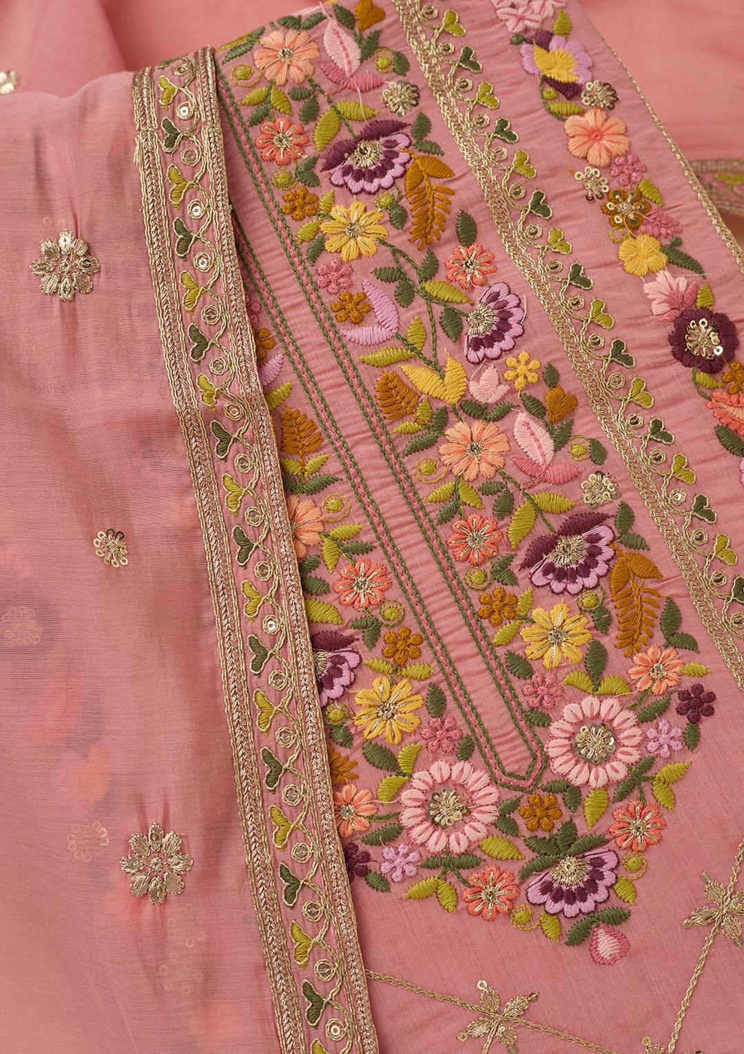 Pink Cotton Threadwork Unstitched Dress Material With Matching Bottom And Dupatta