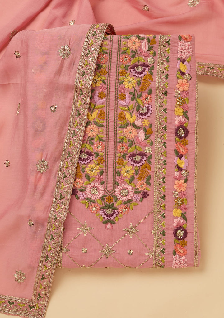 Pink Cotton Threadwork Unstitched Dress Material With Matching Bottom And Dupatta