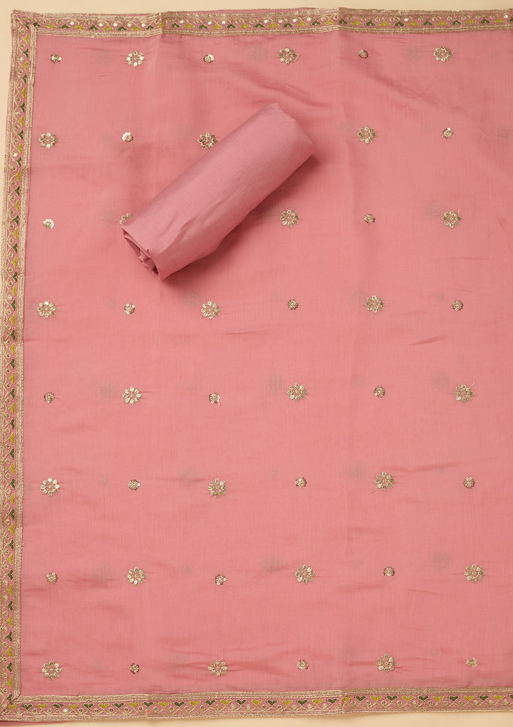 Pink Cotton Threadwork Unstitched Dress Material With Matching Bottom And Dupatta