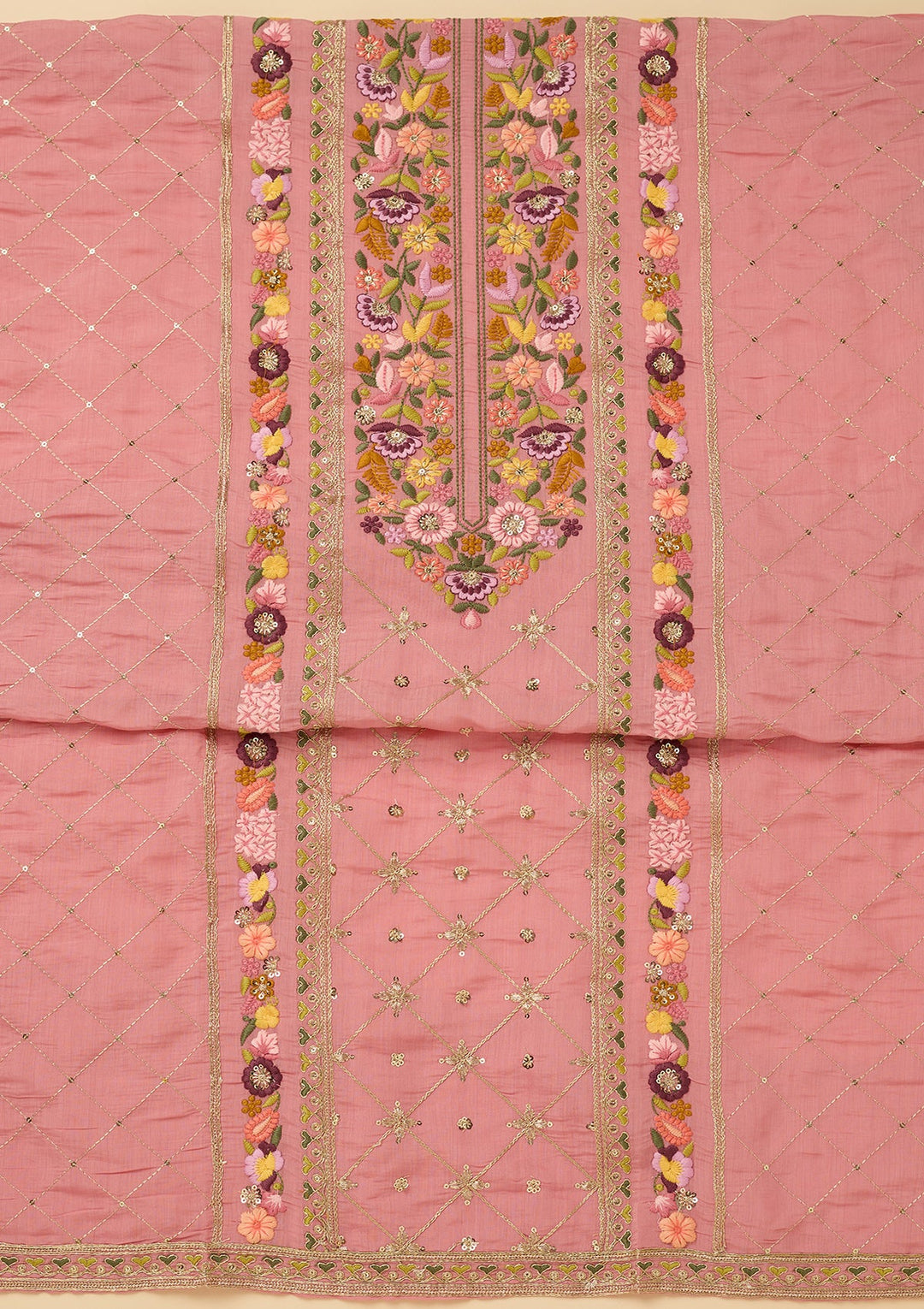 Pink Cotton Threadwork Unstitched Dress Material With Matching Bottom And Dupatta