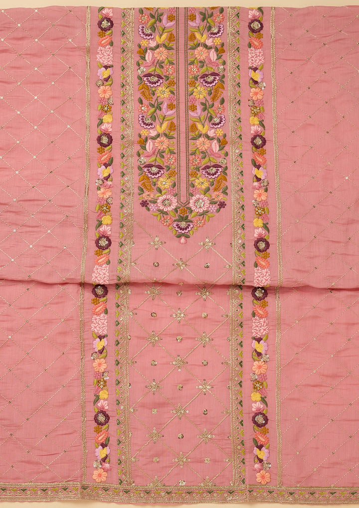 Pink Cotton Threadwork Unstitched Dress Material With Matching Bottom And Dupatta