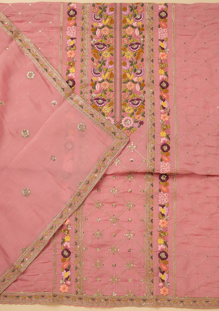 Pink Cotton Threadwork Unstitched Dress Material With Matching Bottom And Dupatta