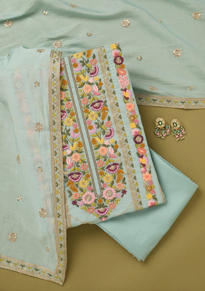Sky Blue Cotton Threadwork Unstitched Dress Material With Matching Bottom And Dupatta