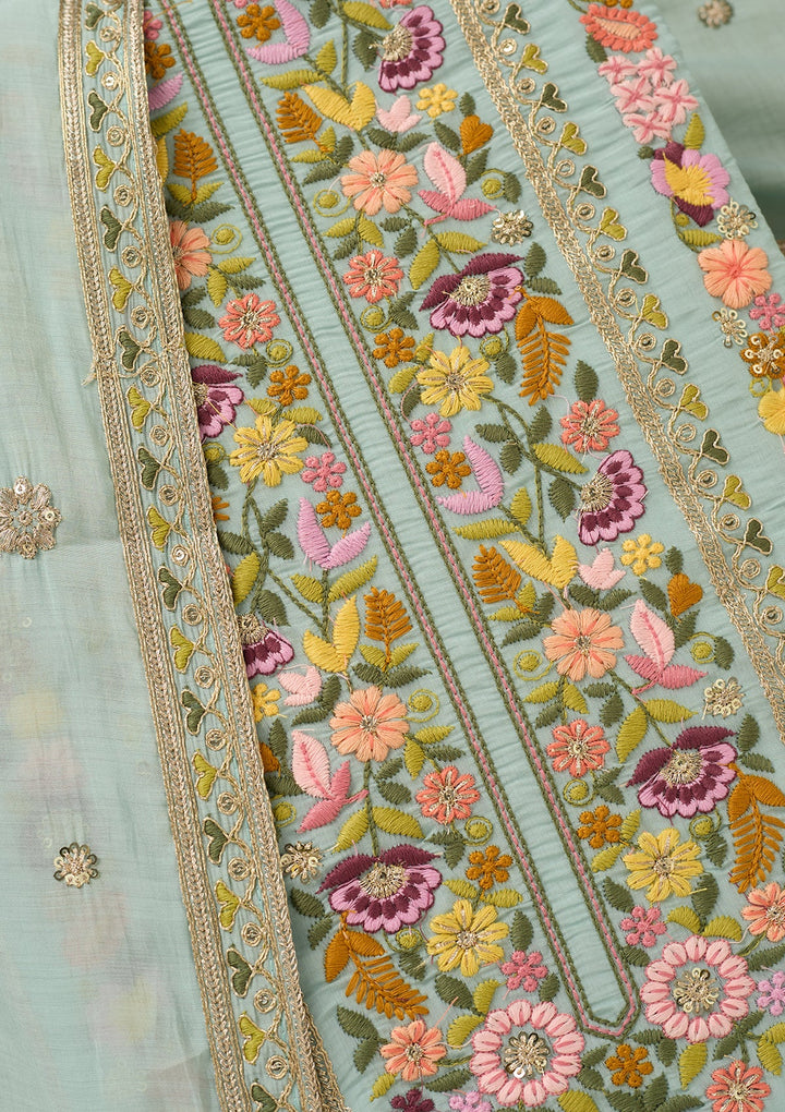 Sky Blue Cotton Threadwork Unstitched Dress Material With Matching Bottom And Dupatta