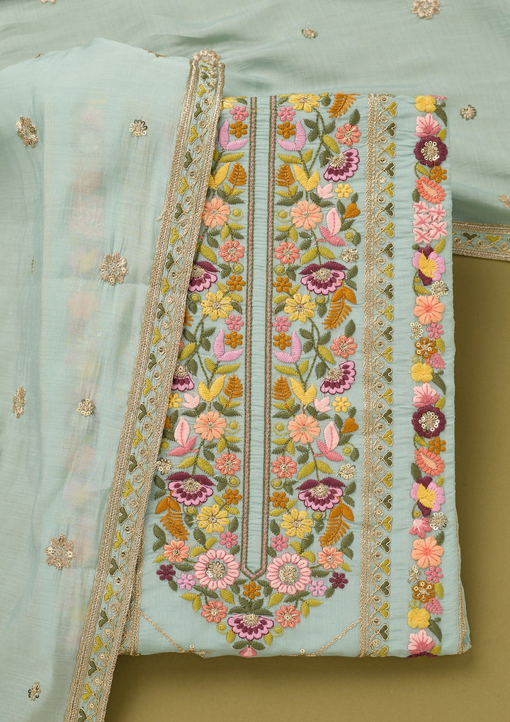 Sky Blue Cotton Threadwork Unstitched Dress Material With Matching Bottom And Dupatta