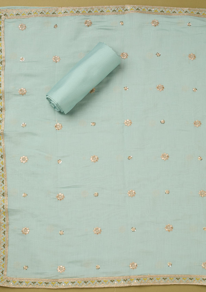Sky Blue Cotton Threadwork Unstitched Dress Material With Matching Bottom And Dupatta