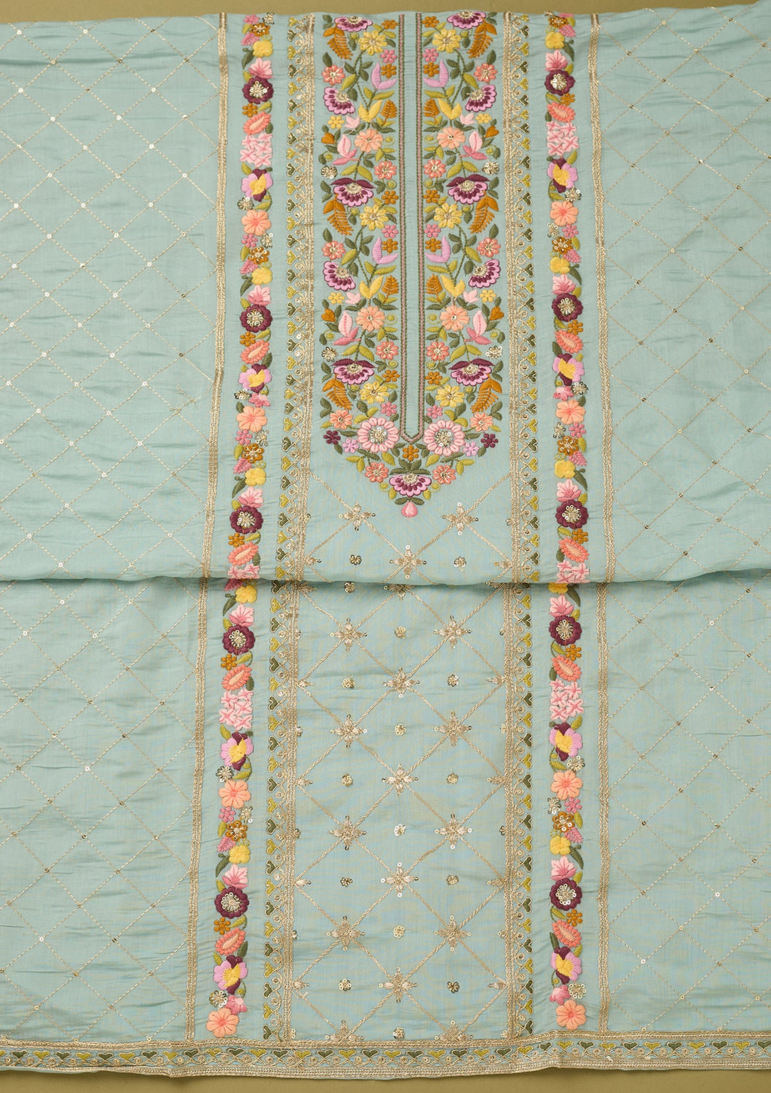 Sky Blue Cotton Threadwork Unstitched Dress Material With Matching Bottom And Dupatta