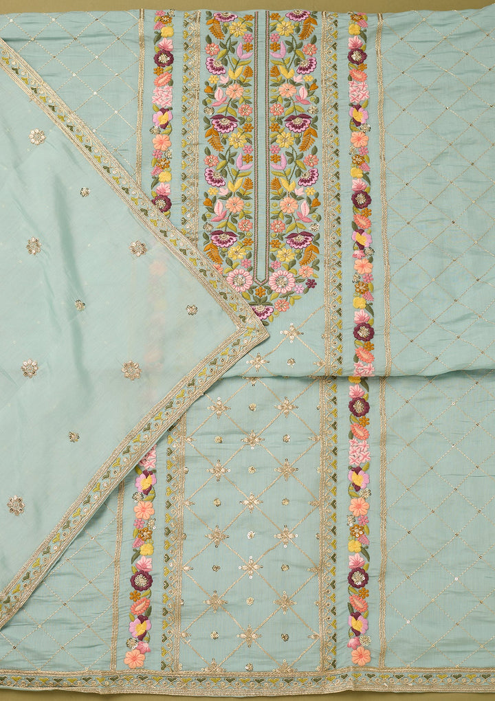 Sky Blue Cotton Threadwork Unstitched Dress Material With Matching Bottom And Dupatta