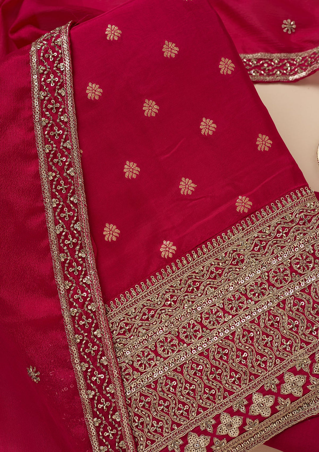 Rani Pink Zariwork (Gold) Dola Silk Unstitched Salwar Suit