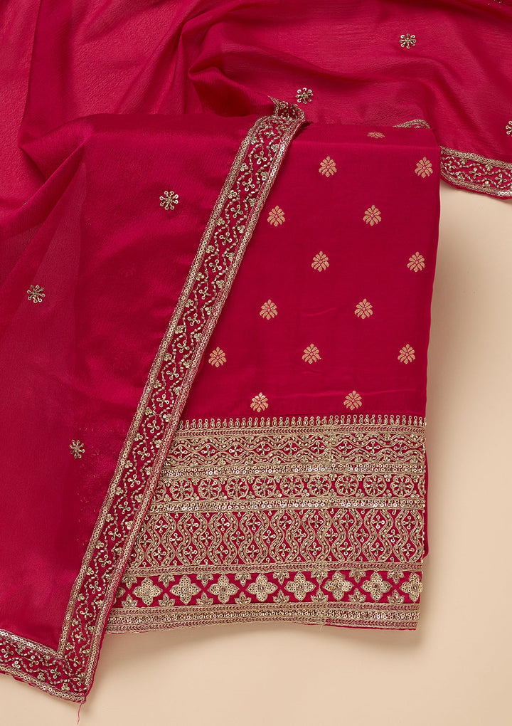 Rani Pink Zariwork (Gold) Dola Silk Unstitched Salwar Suit