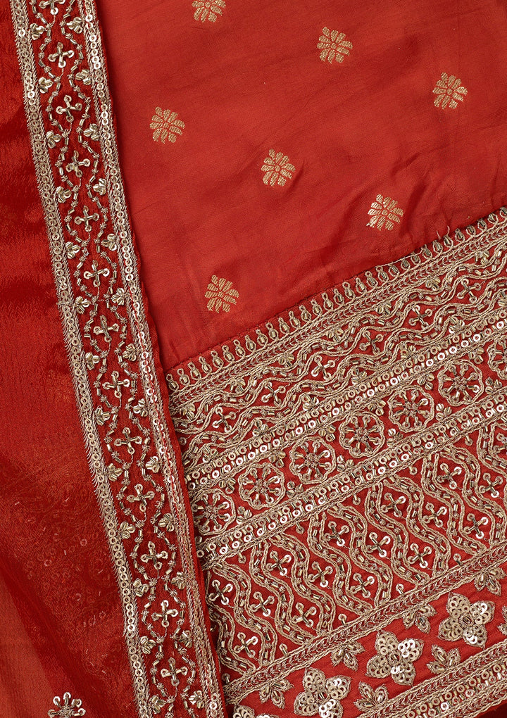 Rust Dola Silk Gold Zariwork Unstitched Dress Material With Matching Bottom And Dupatta