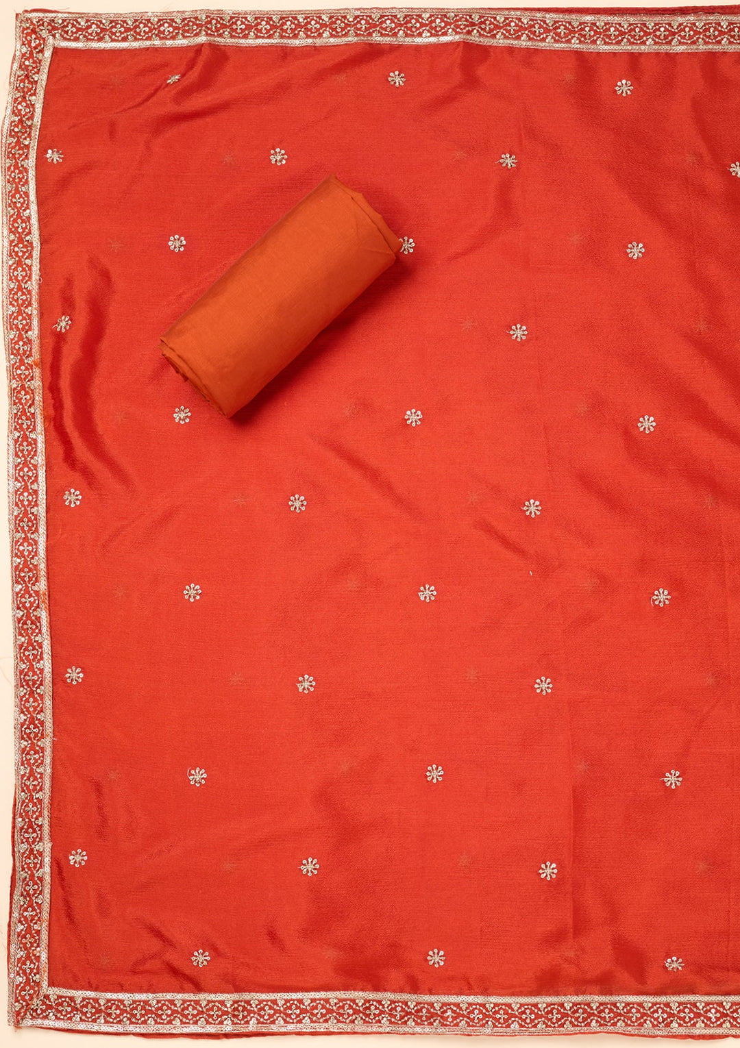 Rust Dola Silk Gold Zariwork Unstitched Dress Material With Matching Bottom And Dupatta