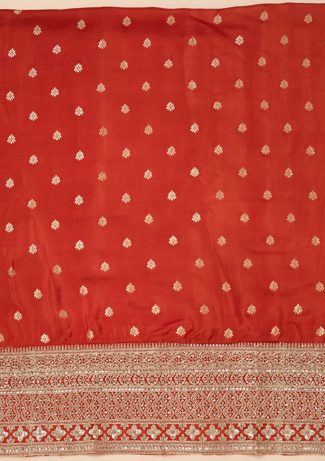 Rust Dola Silk Gold Zariwork Unstitched Dress Material With Matching Bottom And Dupatta