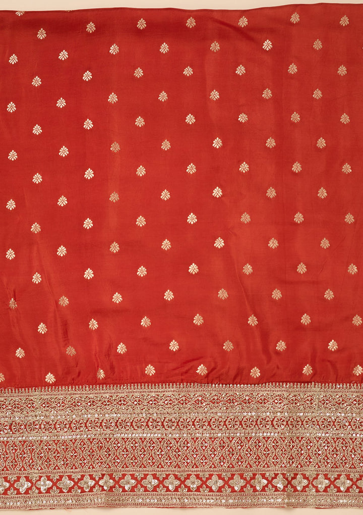 Rust Dola Silk Gold Zariwork Unstitched Dress Material With Matching Bottom And Dupatta