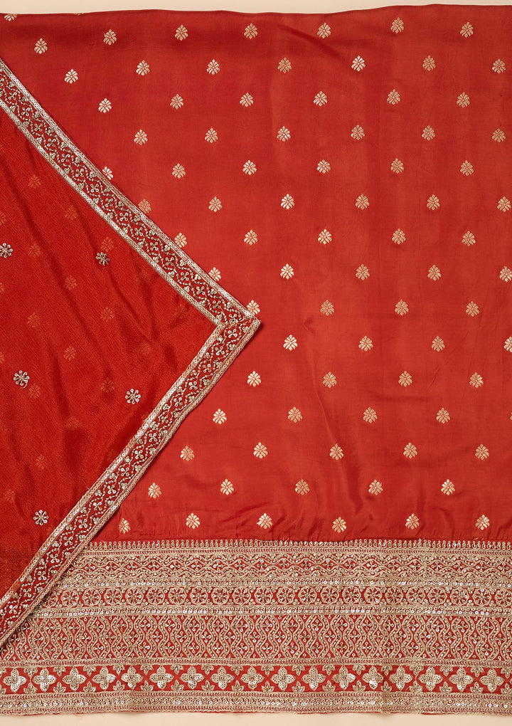 Rust Dola Silk Gold Zariwork Unstitched Dress Material With Matching Bottom And Dupatta