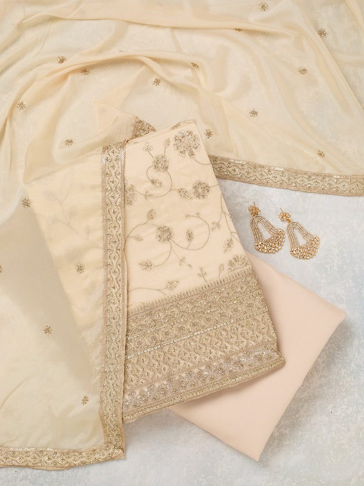 Off White Zariwork (Gold) Dola Silk Unstitched Salwar Suit