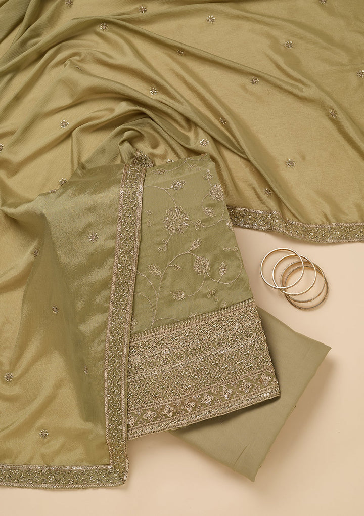 Pista Green Dola Silk Gold Zariwork Unstitched Dress Material With Matching Bottom And Dupatta