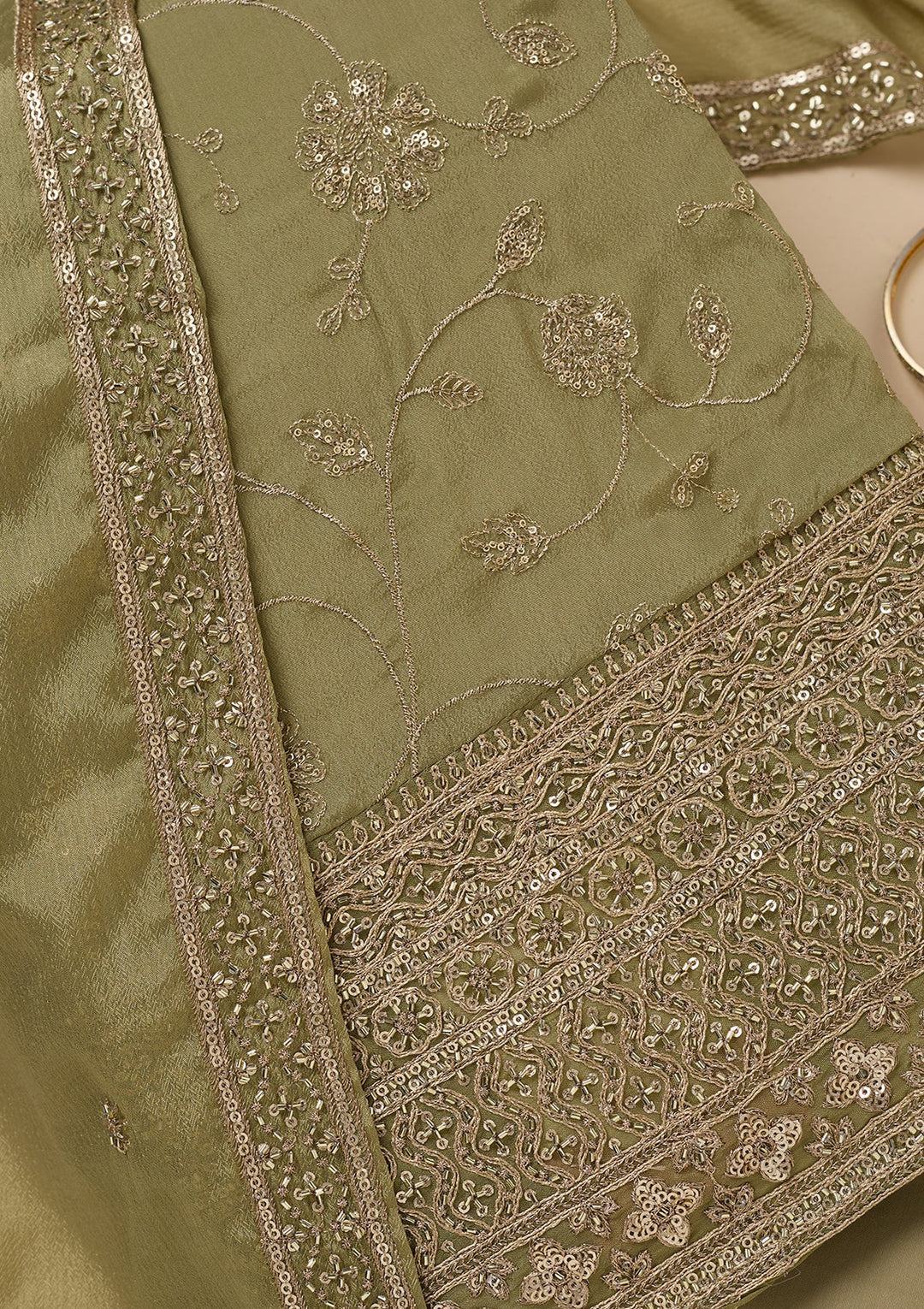 Pista Green Dola Silk Gold Zariwork Unstitched Dress Material With Matching Bottom And Dupatta
