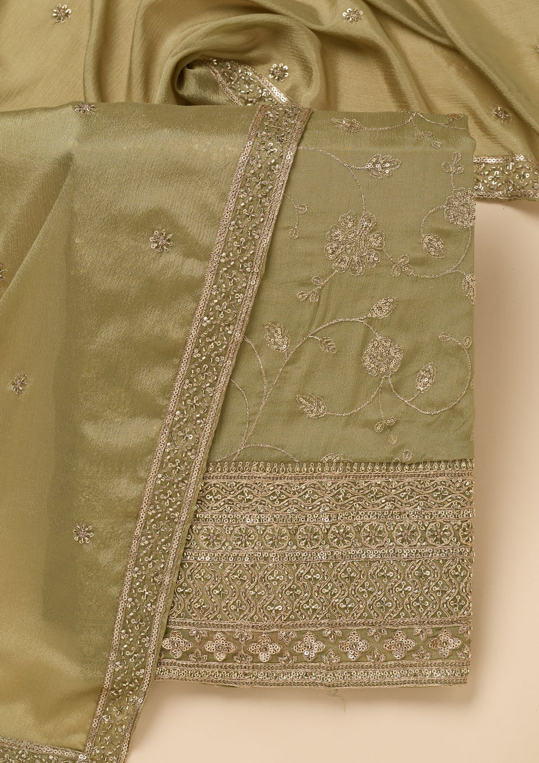 Pista Green Dola Silk Gold Zariwork Unstitched Dress Material With Matching Bottom And Dupatta