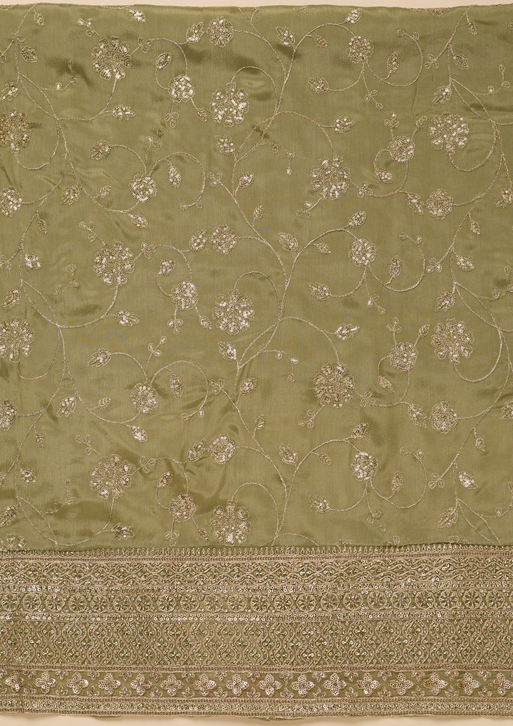 Pista Green Dola Silk Gold Zariwork Unstitched Dress Material With Matching Bottom And Dupatta