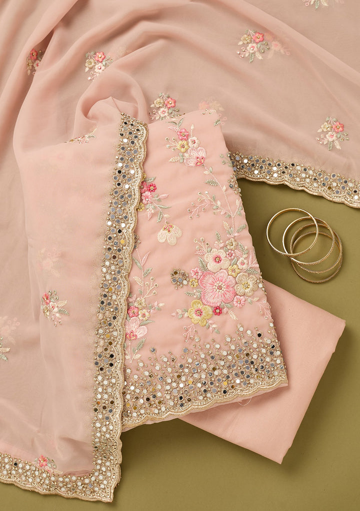 Baby Pink Georgette Mirrorwork Unstitched Dress Material With Matching Bottom And Dupatta