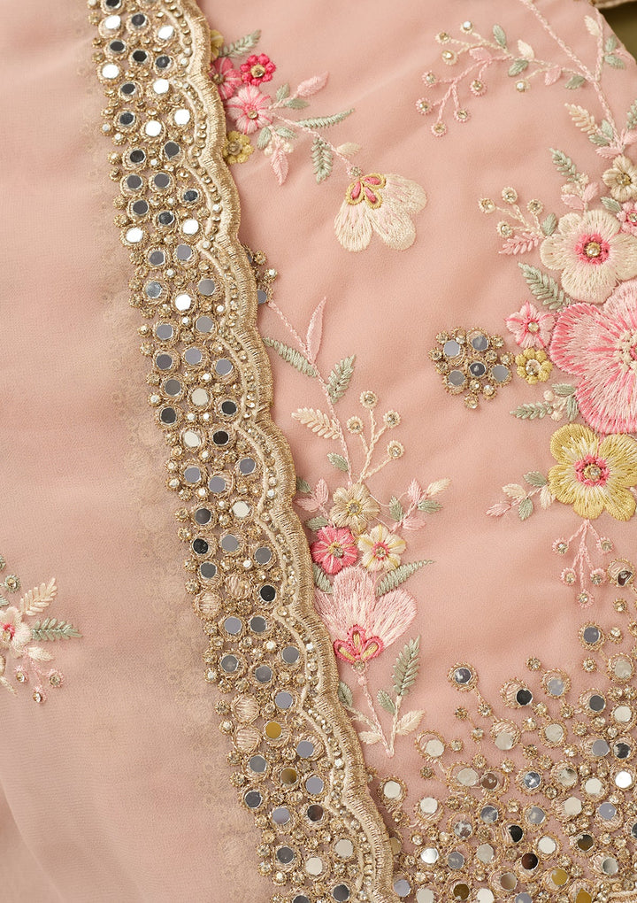 Baby Pink Georgette Mirrorwork Unstitched Dress Material With Matching Bottom And Dupatta