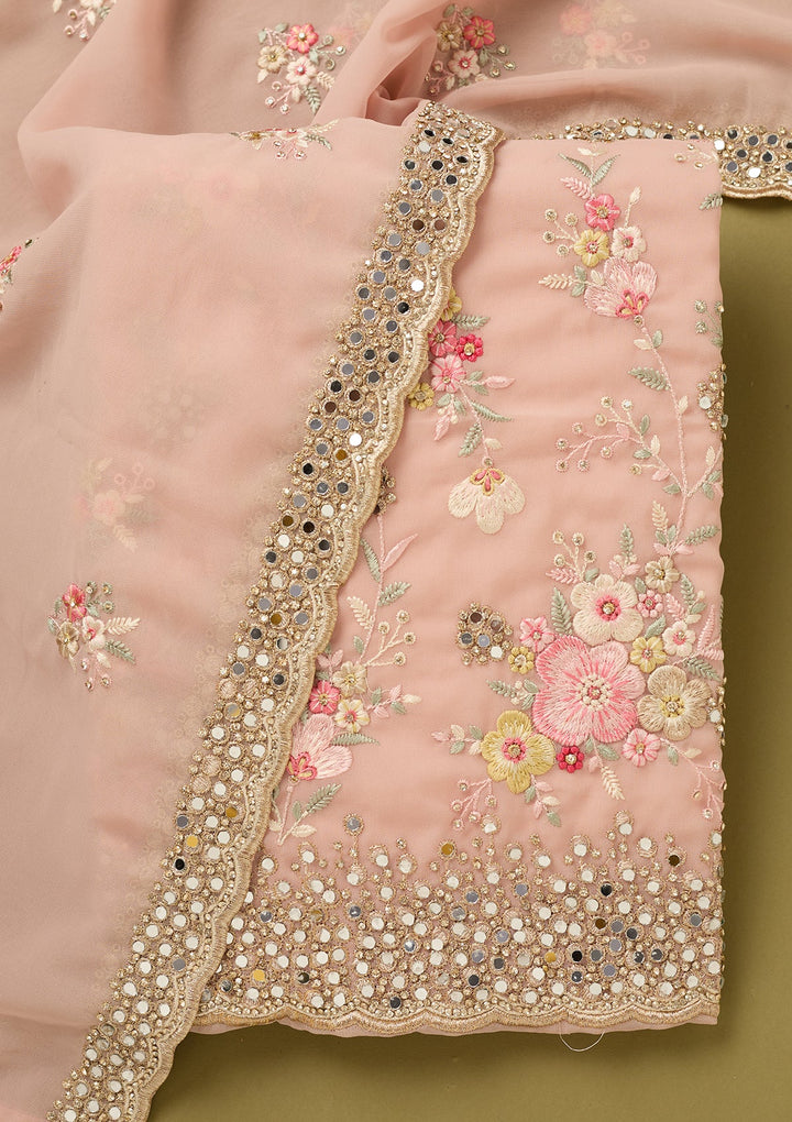 Baby Pink Georgette Mirrorwork Unstitched Dress Material With Matching Bottom And Dupatta