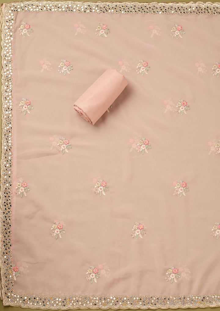 Baby Pink Georgette Mirrorwork Unstitched Dress Material With Matching Bottom And Dupatta