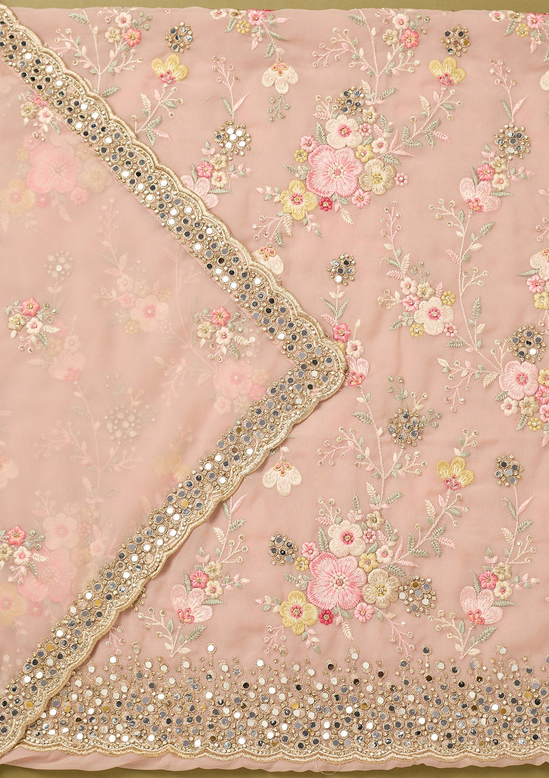 Baby Pink Georgette Mirrorwork Unstitched Dress Material With Matching Bottom And Dupatta