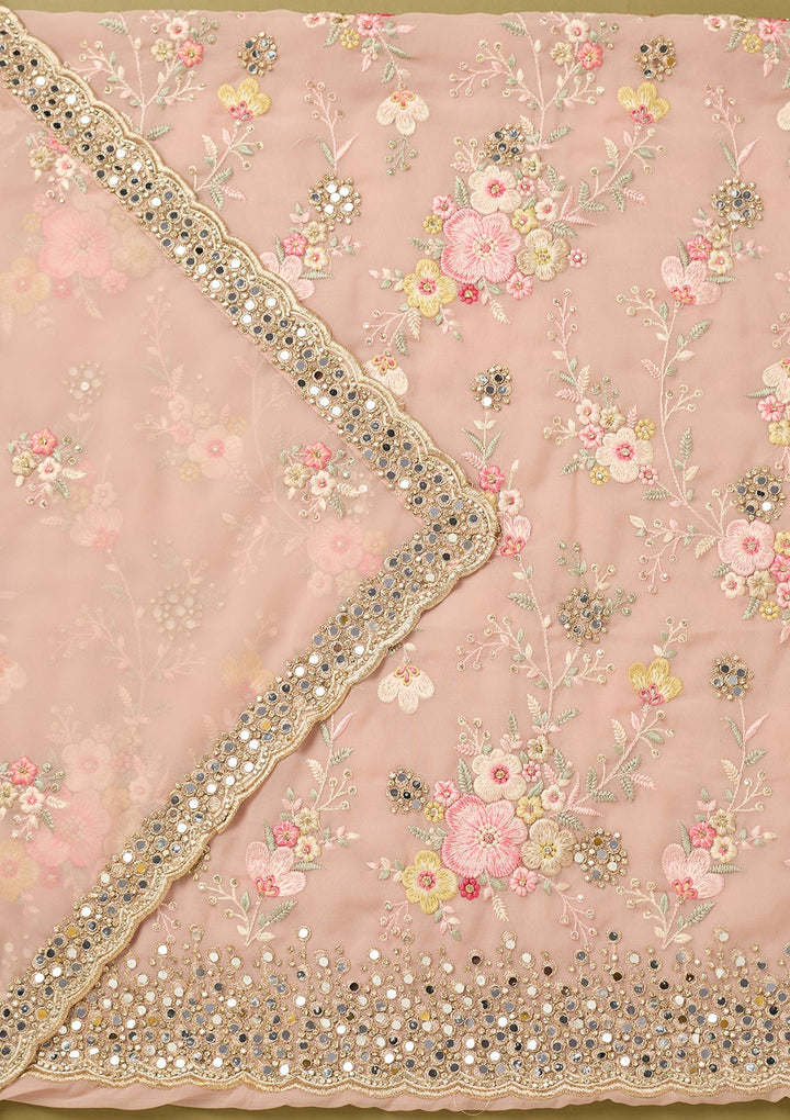 Baby Pink Georgette Mirrorwork Unstitched Dress Material With Matching Bottom And Dupatta