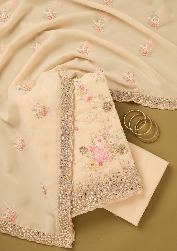 Off White Georgette Mirrorwork Unstitched Dress Material With Matching Bottom And Dupatta