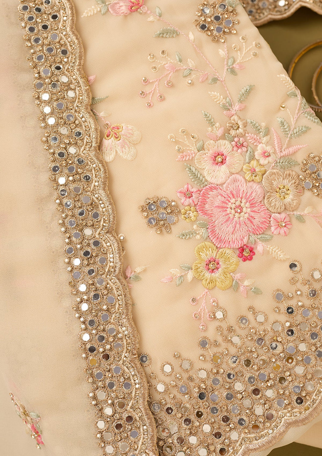 Off White Georgette Mirrorwork Unstitched Dress Material With Matching Bottom And Dupatta