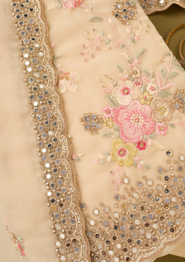 Off White Georgette Mirrorwork Unstitched Dress Material With Matching Bottom And Dupatta