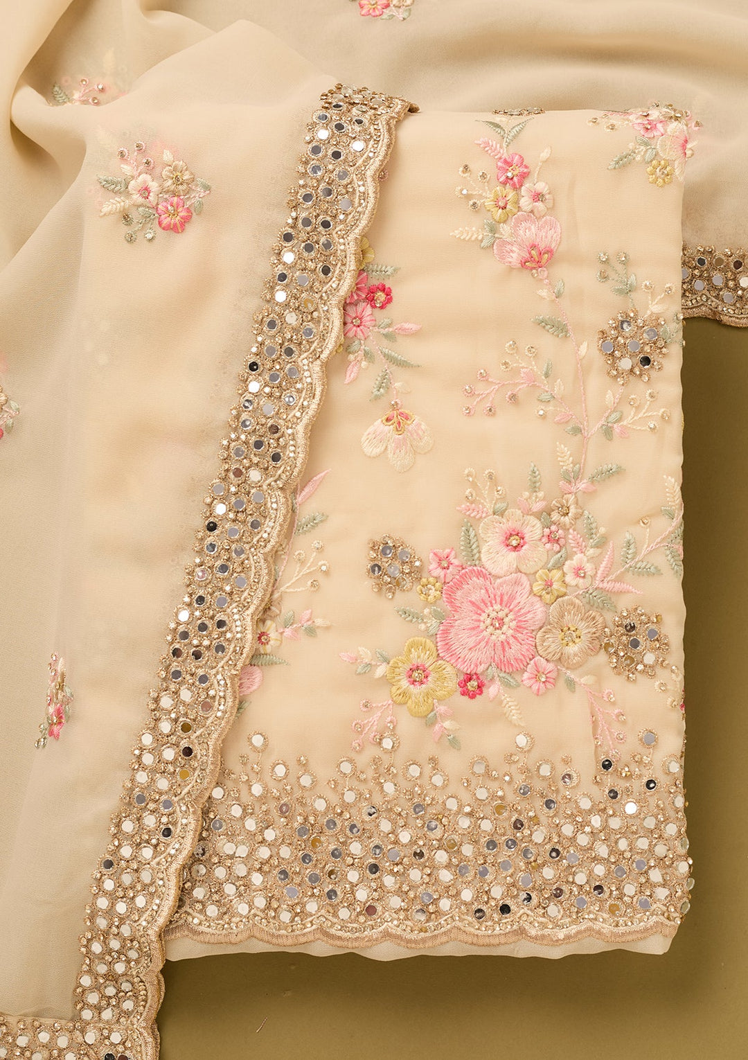 Off White Georgette Mirrorwork Unstitched Dress Material With Matching Bottom And Dupatta