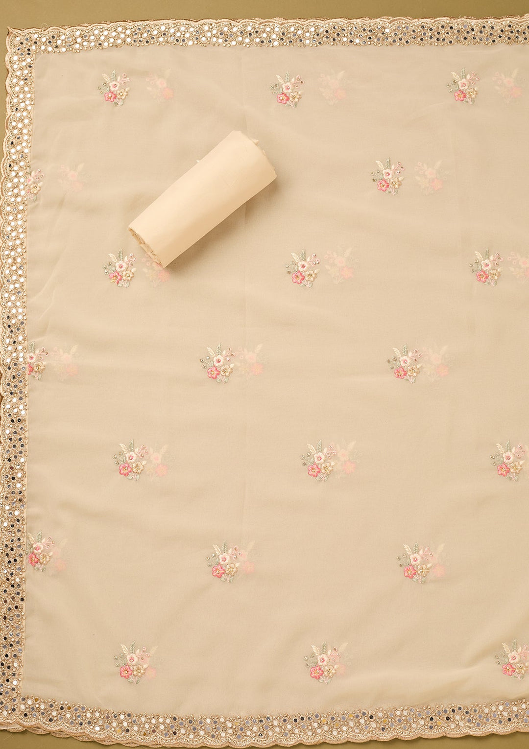 Off White Georgette Mirrorwork Unstitched Dress Material With Matching Bottom And Dupatta