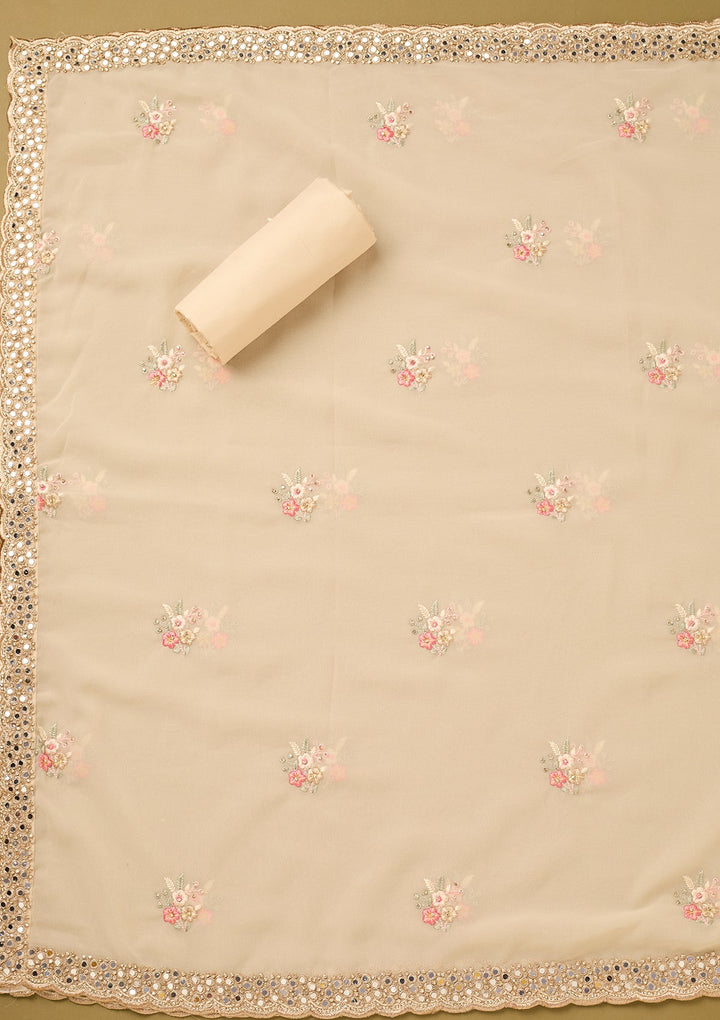 Off White Georgette Mirrorwork Unstitched Dress Material With Matching Bottom And Dupatta