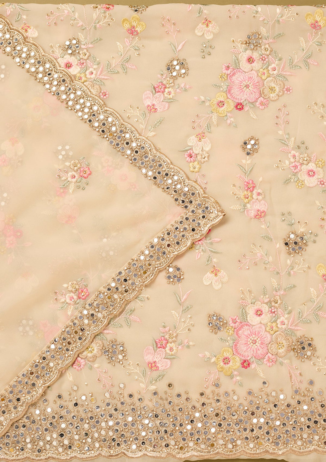 Off White Georgette Mirrorwork Unstitched Dress Material With Matching Bottom And Dupatta